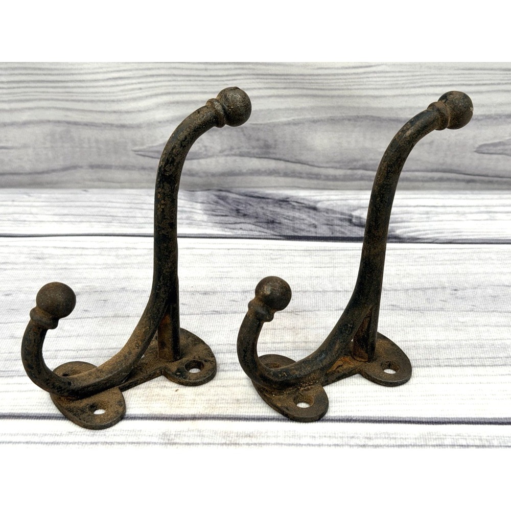 LOT OF 2 ANTIQUE SALVAGED CAST IRON 6" HOOKS - COAT / HALL TREE HOOKS - NICE